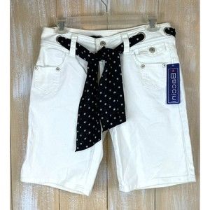 NWT Baccini Womens Size 4 White Stretch Denim Polka Dot Silky Belt Bermuda Short